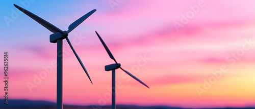 minimalist wind turbines silhouettes against a pastel pink and blue sunset sky with blurred background