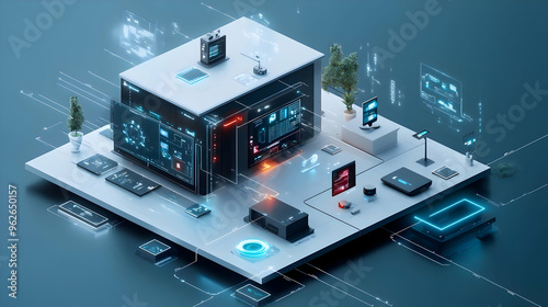 Futuristic Tech Illustration: Network of Devices with Digital Interfaces