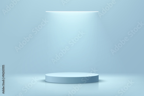 3D blue round podium background with glowing ceiling neon lighting. Abstract composition minimalist design. 3D Studio display showroom cosmetic product pedestal, Fashion stage showcase mockup scene.