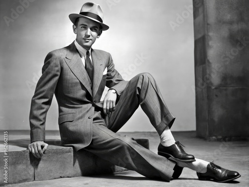 A Dapper Man From The 1950S Poses In A Stylish Suit, Polished Shoes, And A Fedora, Embodying The Sharp And Sophisticated Fashion Of The Era.