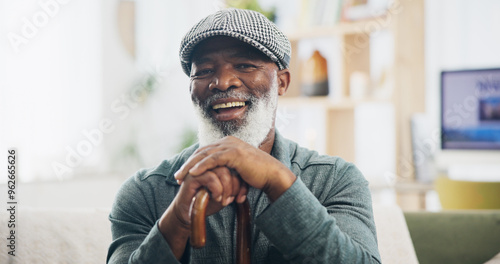 Elderly man, portrait and retirement in house for relax, peace and positive mood on weekend on sofa. Black person, face and happy in living room on couch for comfort, optimistic or rest with cane