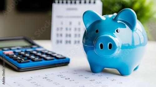 Piggy bank with a blue calculator and calendar on a white background representing financial goals and moneysaving concepts with space for copy