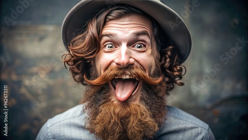 Amused hipster with an exaggerated, curly brown beard and matching mustache, playfully sticking out his tongue, adding to the comical, carefree atmosphere.