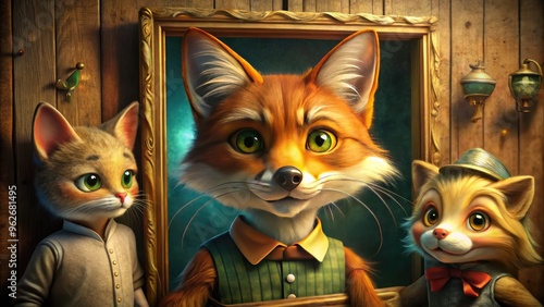 A Sly-Looking Fox, A Cat With Piercing Eyes, And A Puppet Resembling Pinocchio, All In The Frame, Exuding A Mysterious Aura.