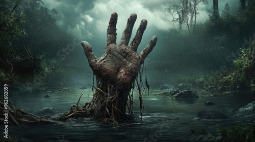 A hand is submerged in water with a lot of vegetation growing out of it