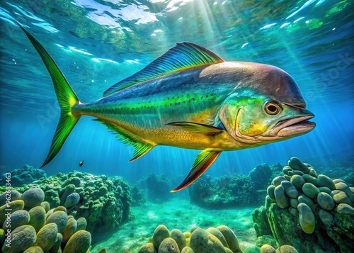 Vibrant dolphinfish swims alongside coral reef, its iridescent scales shimmering in sunlight, its long dorsal fin slicing through crystal-clear turquoise Caribbean waters.