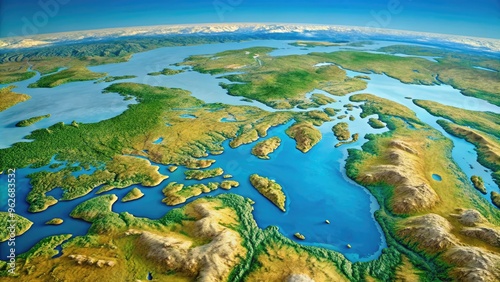 A topographic map highlighting Great Bear Lake, a large freshwater lake in Northwest Territories, Canada, surrounded by vast wilderness and rugged terrain.