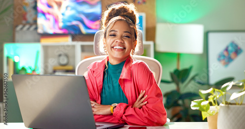 Woman, portrait and laptop in modern office with smile, happiness and joy as social media manager. Female person, technology and cheerful as employee in digital agency for brand, design and project