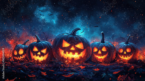 Five carved pumpkins glow in the dark, surrounded by a starry sky.