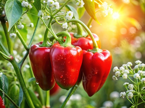 Vibrant red paprika peppers ripen on a lush green stem amidst delicate white flowers, surrounded by subtle morning dew and warm sunlight.