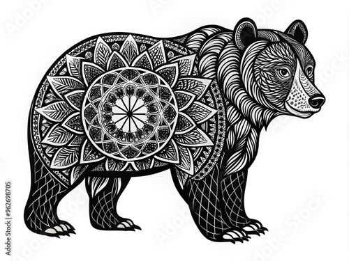 Detailed Line Artwork Of A Black Bear Standing On Its Hind Legs With A Geometric Mandala On Its Chest