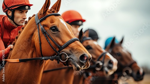 Close-up of racehorses and jockeys in vibrant colors, capturing the excitement and determination of horse racing competition.