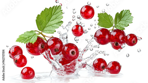 Red Currants Splashing in Water with Green Leaves