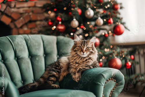 A big fluffy cat is sitting in a green velvet armchair. There is a Christmas tree in the background.