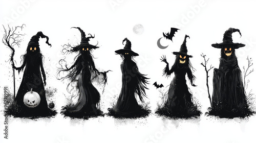 Five spooky witches in black robes and pointed hats.