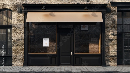 A black and brown shop front with large windows and brown awnings A black door is on the left side of an old brick building A blank wall could be used for display mockups Black fra