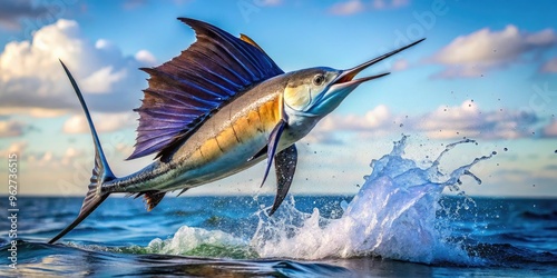 Stunning Photograph Captures The Vibrant Colors And Sleek Form Of A Sailfish Leaping Out Of The Water, Its Dorsal Fin Extended Like A Sail.