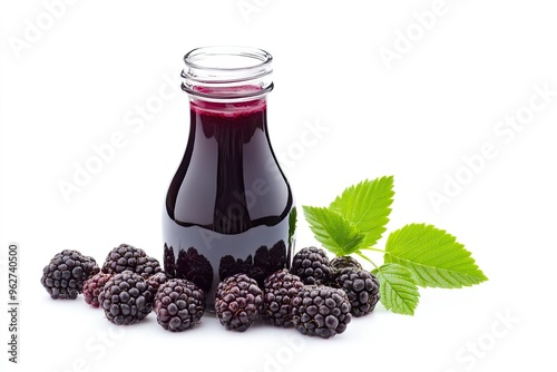 Fresh Dewberry Juice Bottle With Dewberries isolated on a white background