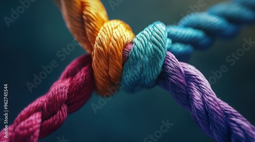 Team rope diverse strength connect partnership together teamwork unity communicate support. Strong diverse network rope team concept integrate braid color background cooperation empower power.