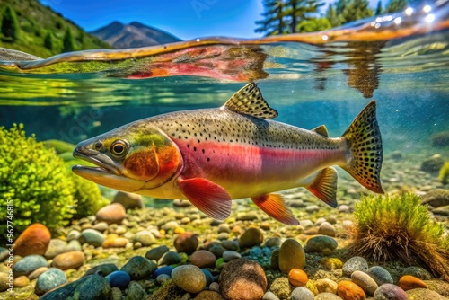 Vibrant cutthroat trout swims in shallow, crystal-clear water, showcasing its distinctive red throat slash and iridescent scales amidst a backdrop of aquatic plants and sun-dappled rocks.