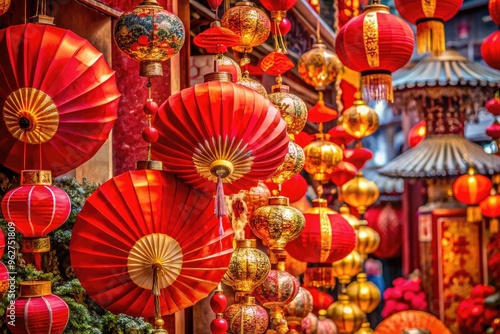 Vibrant red lanterns, ornate fans, and auspicious decorations fill a whimsical scene, celebrating the joyous spirit of the Lunar New Year with playful, festive charm.