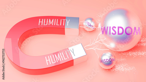 Humility attracts Wisdom. A magnet metaphor in which power of humility attracts wisdom. Cause and effect relation between humility and wisdom. ,3d illustration