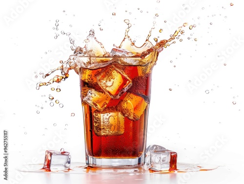 Glass of cola pouring with ice cubes splashing refreshing beverage capture