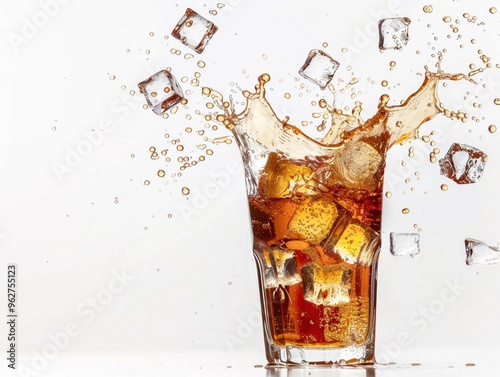 Glass of cola pouring with ice cubes splashing refreshing beverage capture