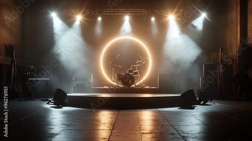 Circular light beams converging on a central point, neon colors, energetic and modern concert setting