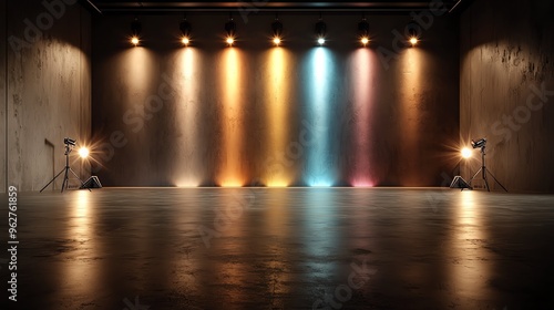 Rainbowcolored lights in vertical stripes, pulsating with intensity, vibrant and modern stage setup