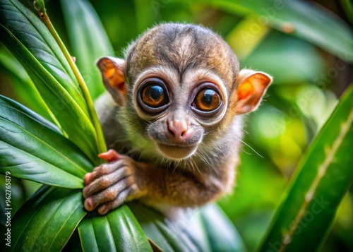 A tiny, soft-furred primate clings to a leafy branch, curious eyes peeking out from underneath a rumpled forehead,