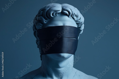 A Greek statue with eyes and mouth covered by tape symbolizes suppressed freedom and expression.