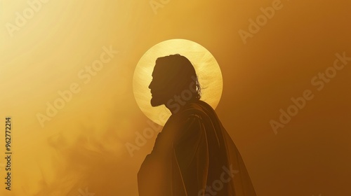 Minimalist graphic design of Jesus silhouette against a gold gradient background