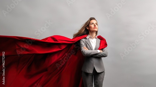 Confident woman in business attire striking a powerful pose with a flowing red cape, symbolizing strength and leadership.