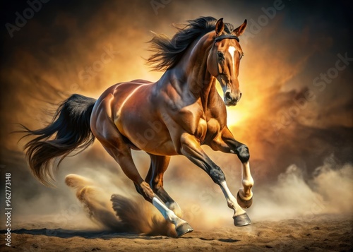 Golden light illuminates powerful muscles and delicate hooves as the horse moves, set against a worn terrain roughened