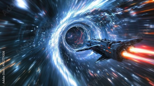 A spaceship traveling through a colorful, dynamic wormhole in a sci-fi universe.