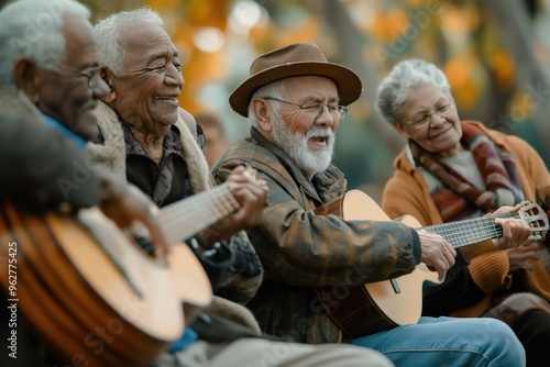 Multiethnic elderly group plays musical instruments together on park bench. Four seniors strum guitars and play harmonicas in lush foliage. Perfect for music, age diversity, and outdoor themes.