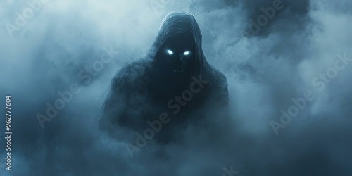 Dark figure with glowing eyes in fog.