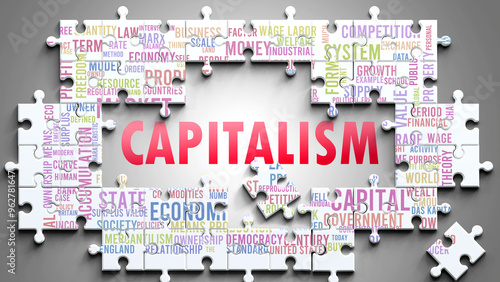 Capitalism as a complex subject, related to important topics. Pictured as a puzzle and a word cloud made of most important ideas and phrases related to capitalism. ,3d illustration