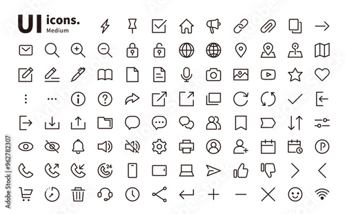 UIアイコン線 基本シンプルセット（ミディアムな太さ）スマホ・WEBデザインのメニューアイコン等に