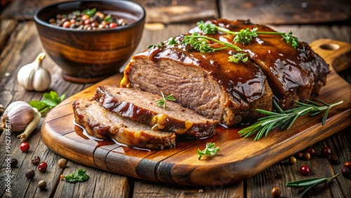 Tender slices of braised beef, richly marbled and glazed, sit atop a rustic wooden board, emitting warm and