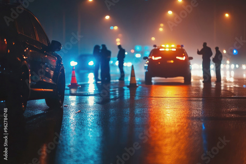 Police checkpoint at night with officers checking for drunk drivers on a busy road with flashing lights, creating a high-contrast and intense scene