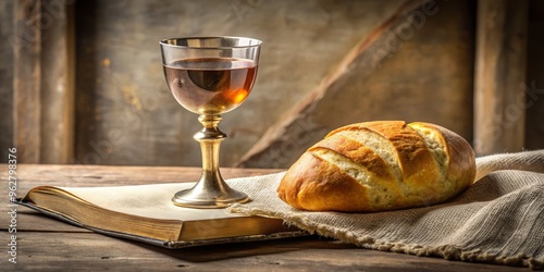 The Last Supper A Golden Chalice, Loaf of Bread, and Open Book, Rustic Still Life, Religious Symbolism, Holy Communion, Christian Art