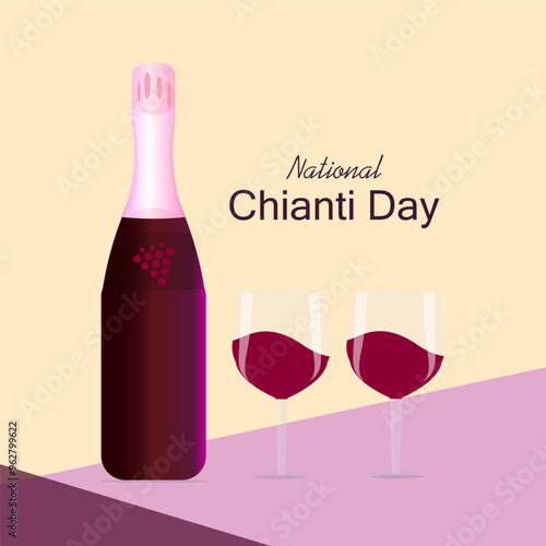 National Chianti Day vector, illustration. Glasses of wine, a bottle chianti and text on light pink and purple abstract background for commemorate and celebrate National Chianti Day.