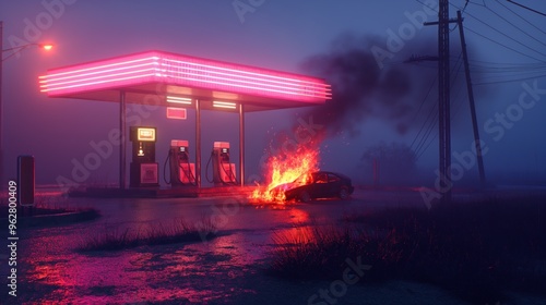 Burning gas station on dark road at night. Flames engulf one pump as power lines stretch across the scene. Neon red sign stands out against the surrounding darkness.