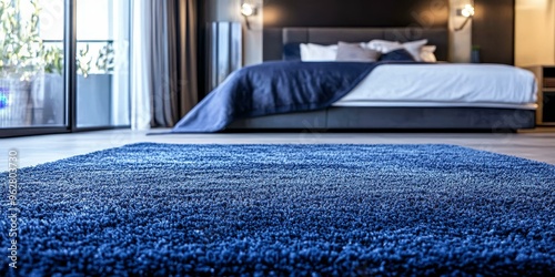 Blue shag carpet in front of a bed.