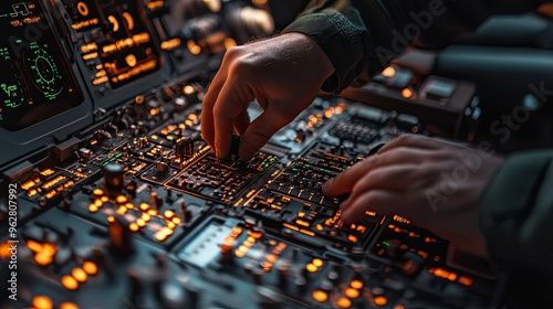 Close-up of a pilot's hands adjusting controls in a cockpit filled with illuminated instruments.