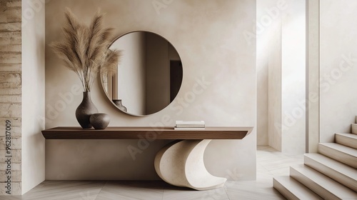 An inviting entryway with a sleek console table, a large round mirror