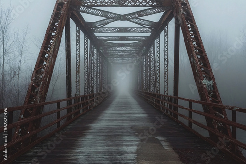 Enveloped in fog, the bridge disappears into the mist, symbolizing the uncertainty and the daunting journey