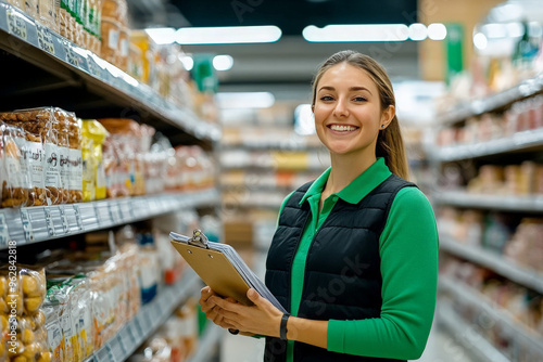 A smiling female supermarket employee stands in an aisle with a clipboard in hand, looking at the camera.